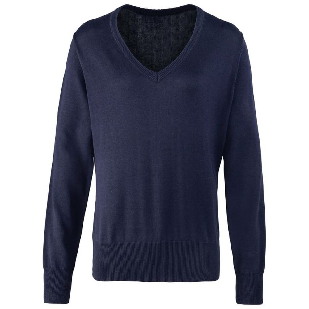 Premier Womens/Ladies Knitted Cotton Acrylic V Neck Sweatshirt / Navy